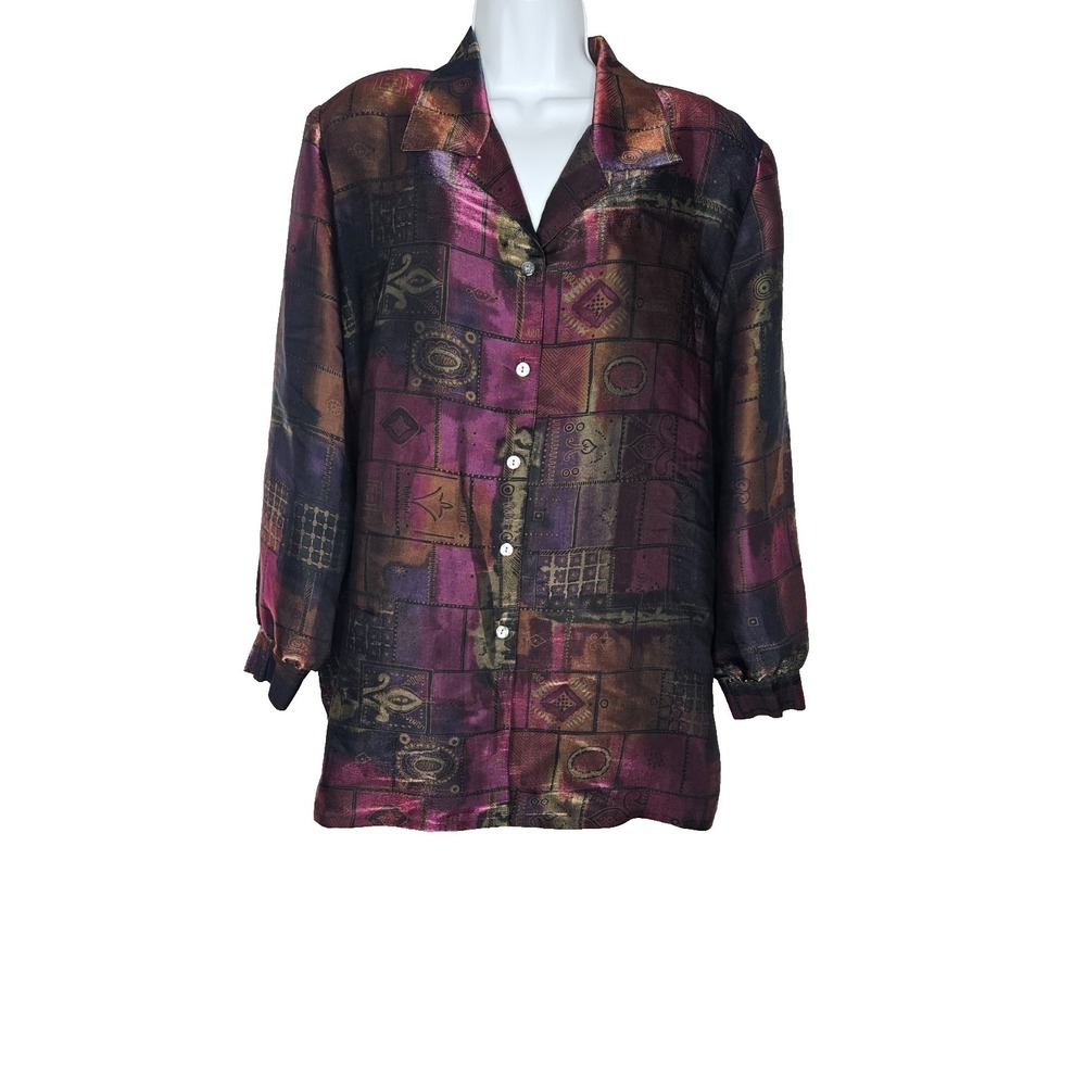 Allison Daley Patchwork Blouse Button Front Abstract Satin Top Women 18W